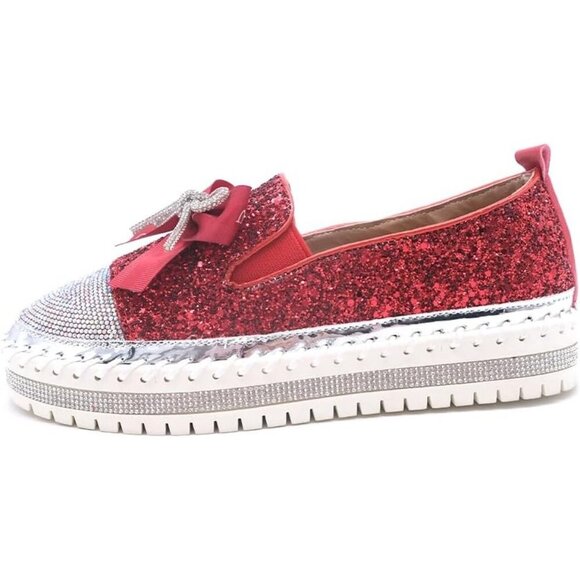 Women's Red Rhinestone Slip On Walking Bowknot Glitter Bling Sneakers Shoes - Picture 4 of 6